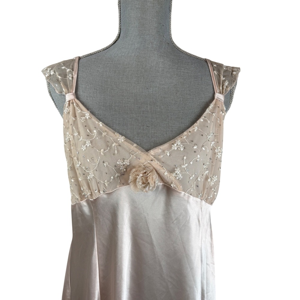 Delicates Satin Nightgown XL Champagne Pink Embroidered Mesh Long Chemise Slip